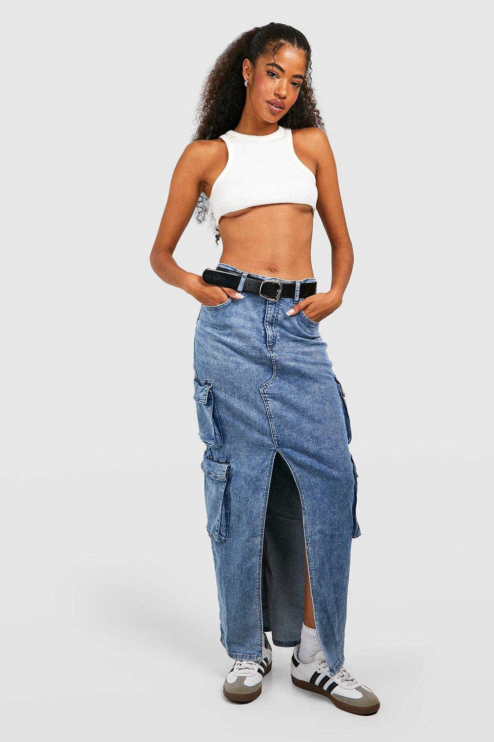 Womens maxi denim shop skirt with pockets